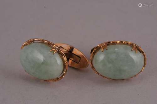 Pair of Chinese Apple Jadeite 14 kt gold cuff links. Marked .585 and 14 kt. Size of stones- 3/4