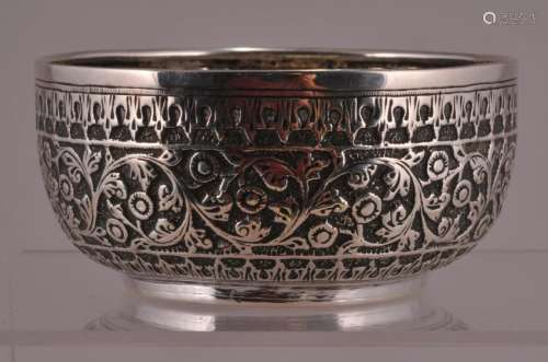 Silver bowl. India. 19th to early 20th century. Repousse floral decoration. 3-1/2