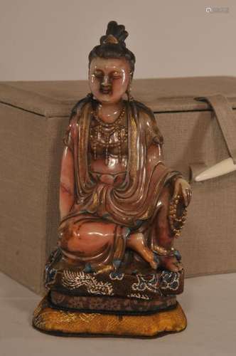 Soapstone carving. China. 20th century. Highly translucent white stone with pink markings. Gilt accents. Carving of The Goddess of Mercy Kuan Yin.   5 1/4