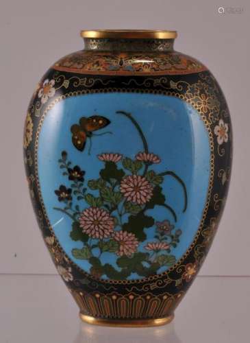 Cloisonne vase. Japan. Meiji period. (1868-1912). Decoration of butterflies and flowers on a brocade ground. 3-1/4