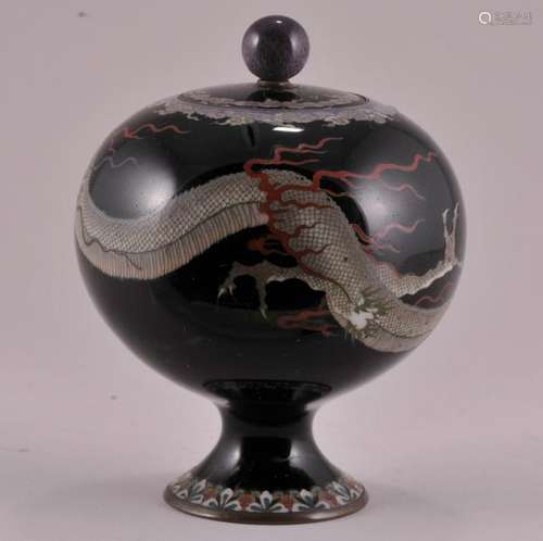 Japanese Cloisonne black ground covered round jar with dragon decoration. Scratches or cracks in glaze. 4 Â½