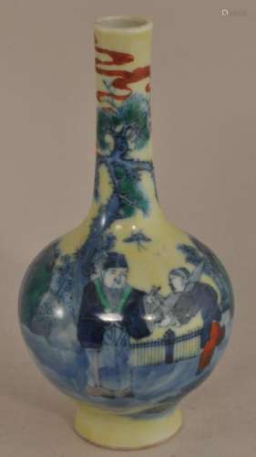 Porcelain vase. China. 19th century. Bottle form. Underglaze blue decoration of scholars on a yellow ground with red and green accents.  6-1/4