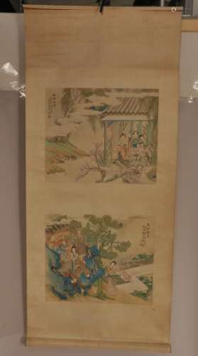 Hanging Scroll.  China. 19th century. Painting of women in a palace interior. Ink and colours on silk.  Overall size: 49-1/2