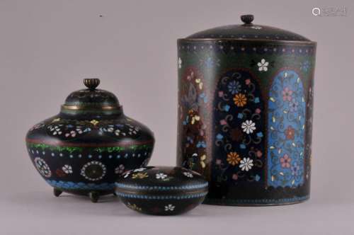 Three Japanese Cloisonne covered jars. Large jar- 5-1/2