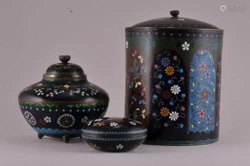 Three Japanese Cloisonne covered jars. Large jar- 5-1/2