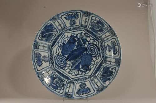 Porcelain charger. China. Circa 1600. Transitional period. Kraak Ware. Underglaze blue decoration. Cracks throughout.   14