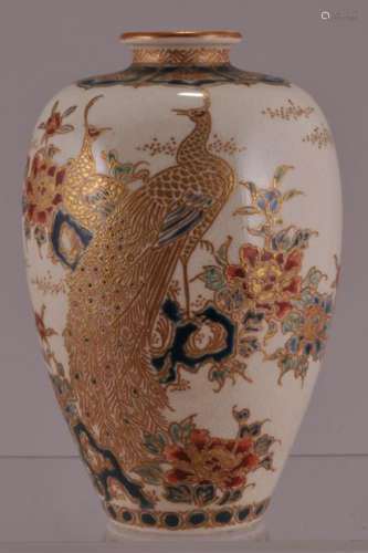 Pottery vase. Japan. Meiji period. (1868-1912). Satsuma ware. Decoration of peacocks and peonies. Signed. 5 Â½