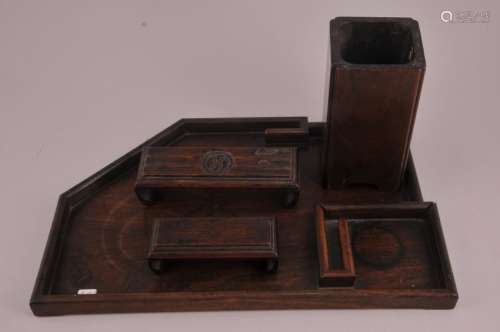 Scholars desk set. China. 19th century. Hung Mu. Shaped tray with a pen rest, ink stand and brush holder. Tray 11