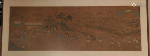 Framed scroll painting. Chinese. 19th Century or earlier. Depicting a hunt scene.  Sight size 20 x 60