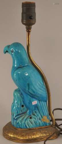 Porcelain parrot. China. 19th century. Turquoise glazed gilt metal mounted lamp Bird- 7-3/4