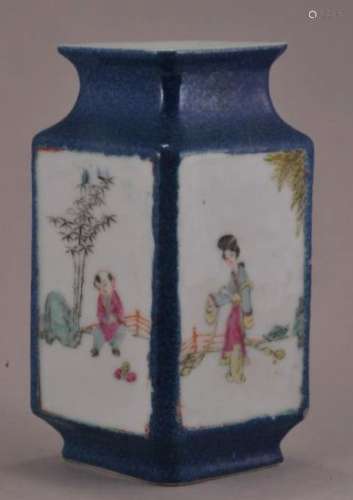 Porcelain Vase.  China. Early 20th century. Trapezoidal shape with enamel reserves of women and children playing on a powder blue ground. Roughness to one edge. Drilled and marked 