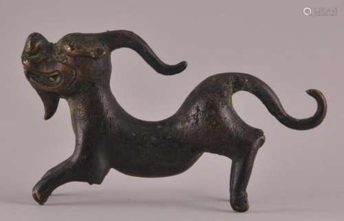 Chinese Ming Bronze figure of a crouching beast. 4-1/2