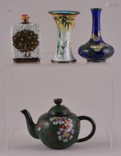 Four Japanese small Cloisonne items. Two vases, teapot and snuff bottle. Height of tallest vase- 2-1/4