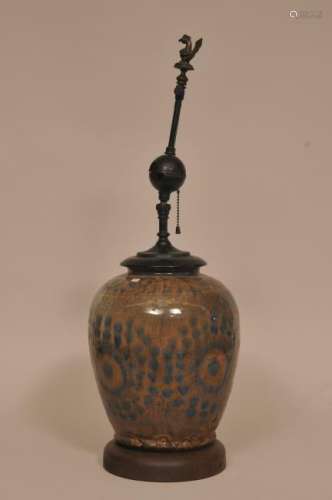 Pottery jar. Persia. 19th century. Globular form. Underglaze blue decoration. Drilled and mounted as a lamp.  Lamp- 9-1/2