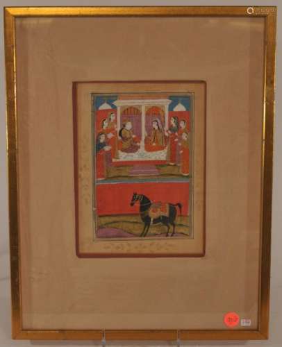Miniature painting. Kashmir. 19th century. Ink, colours and gilt on paper. Court scene of the Presentation of a horse. Sight size: 9