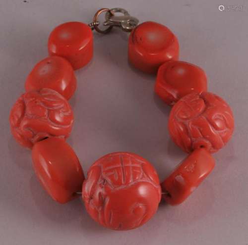 Large carved red coral bracelet. Silver clasp. .925. Largest bead - 1