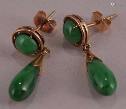 Pair of Chinese jadeite and gold drop earrings.