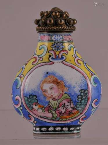 Peking enamel snuff bottle.  China. 20th century. Surface decorated with Europeans. Ch'ien Lung mark. 2-1/4