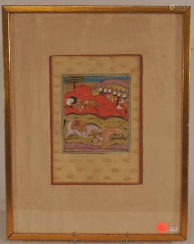 Miniature painting. Kashmir. 19th century. Ink and colours with gilt on paper. Scene of Rustam sleeping while his horse kills a stalking tiger. Framed and glazed. Sight size: 9