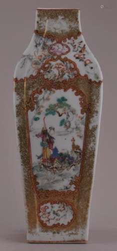 Porcelain vase. China. 18th century. Export ware. Square form. Famille Rose decoration of reserves of figures in palace scenes.   10 1/4
