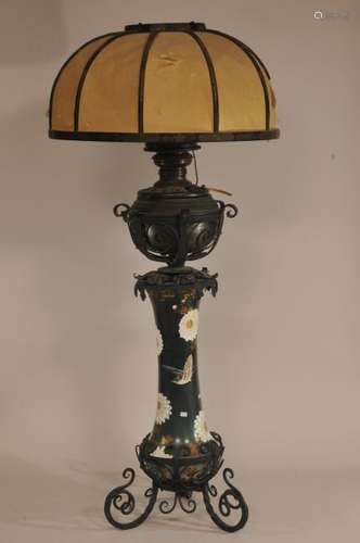 Japanese Stoneware Lamp. Vase mounted as a lamp on wrought iron stand. Vase- 13