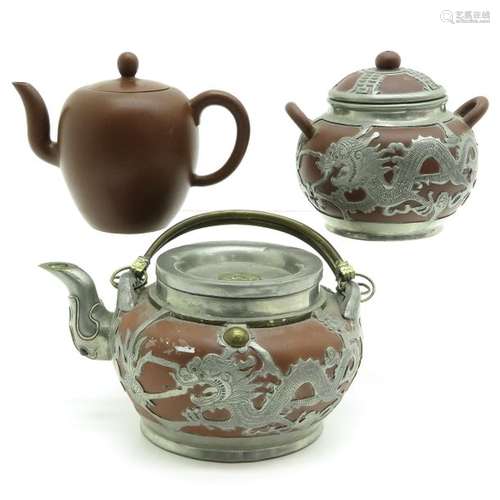 A Lot of 2 Yixing Teapots and Coverd Creamer Large...