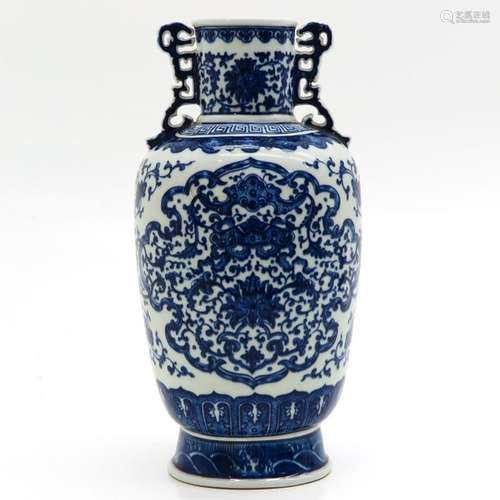 A Blue and White Decorated Vase Floral decor, mark...