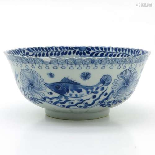 A Blue and White Fish Bowl Depicting flowers and s...