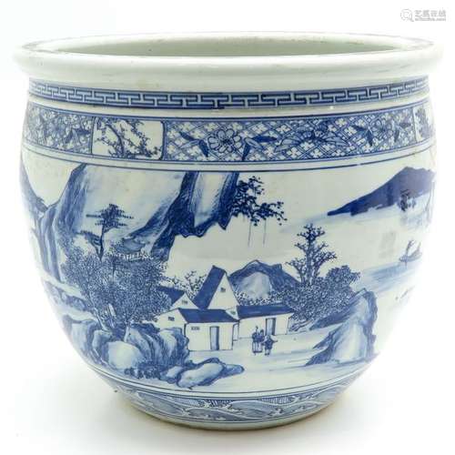 A Blue and White Decorated Fish Bowl Depicting lan...