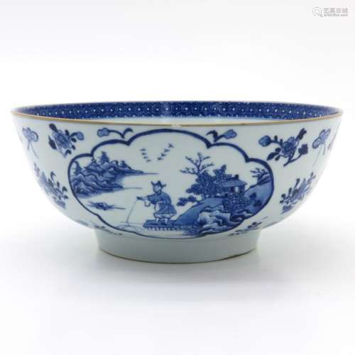 A Large Blue and White Bowl Depicting scens of fis...
