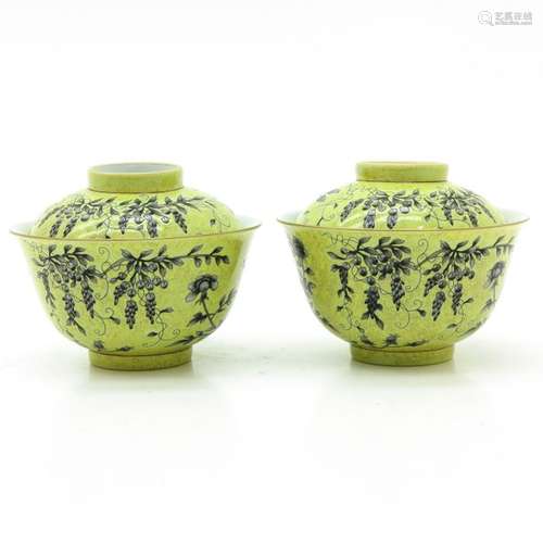 A Pair of Bowls with Covers Yellow ground with gre...