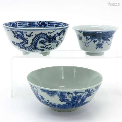 A Lot of 3 Blue and White Bowls Largest is 16 cm. ...