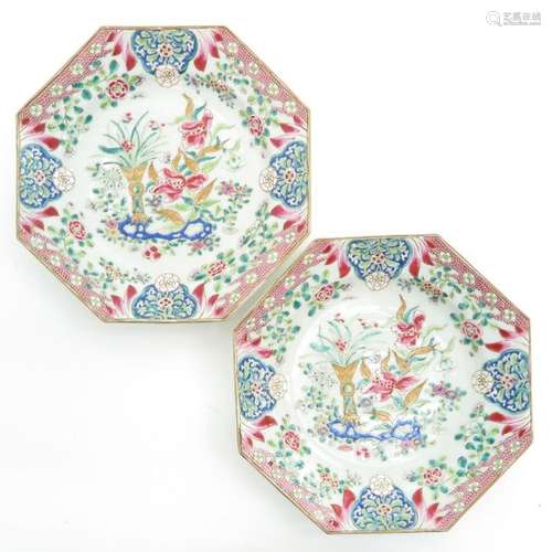 A Pair of Famille Rose Octagonal Plates Floral dec...