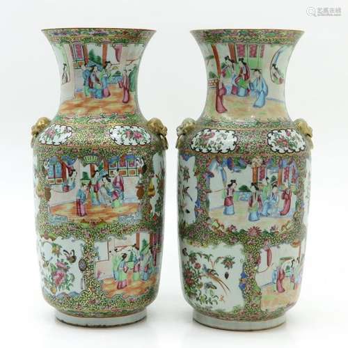 A Pair of Cantonese Vases Full decor of scenes dep...