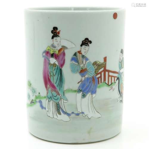 A Polychrome Decor Brush Pot Depicting gathering o...