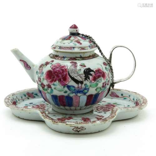 A Famille Rose Teapot and Tray Replaced silver han...