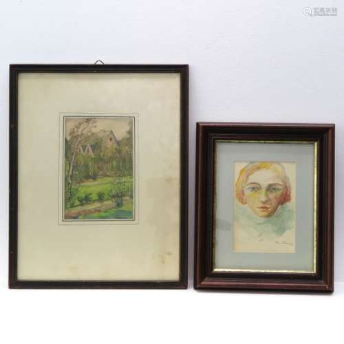 A Lot of 2 Works of Art Including signed portrait,...