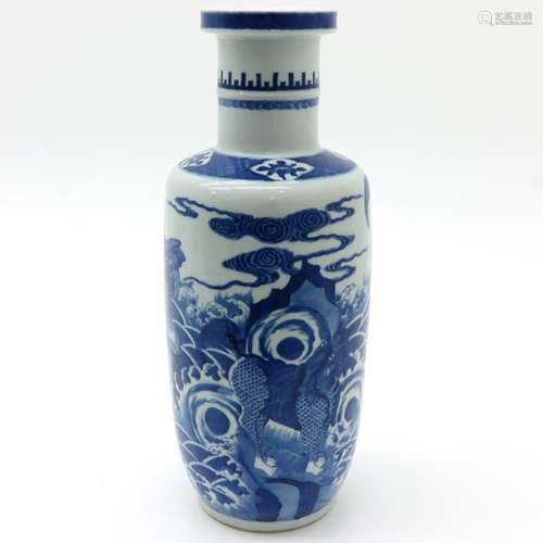 A Blue and White Rouleau Vase Depicting temple lio...