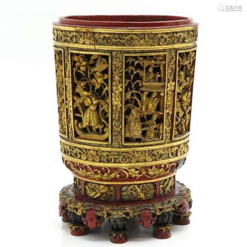 A Red and Gold Decor Carved Wood Pedestal Depictin...