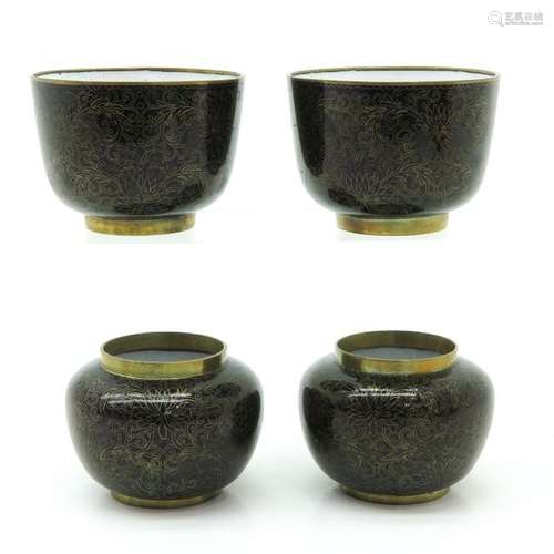 A Series of 4 Cloisonne Cups Black ground with gol...