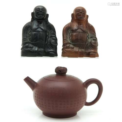 A Yixing Teapot and 2 Carved Buddha Sculptures Tea...