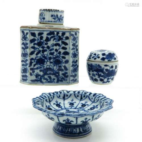 A Blue and White Tea Box, Altar Dish and Box All i...