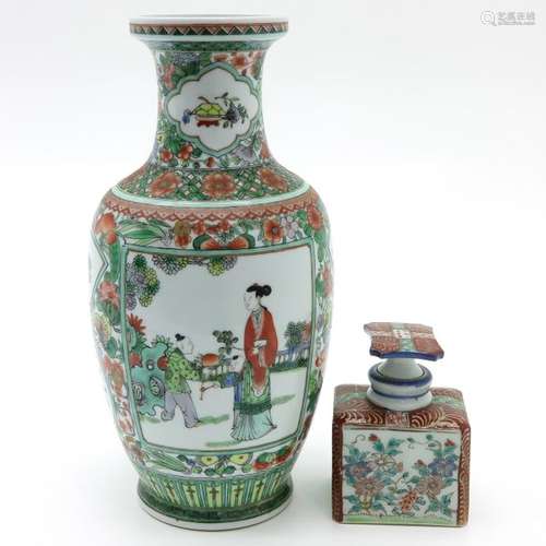 A Famille Verte Vase and Tea Box Vase depicts gath...