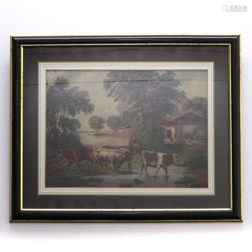 A Water Color Depicting Cows 38 x 28 cm.		A Water...