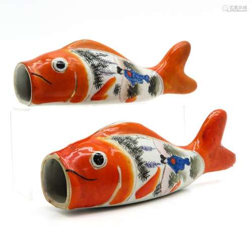 A Pair of Carp Porcelain Sculptures Orange decor w...