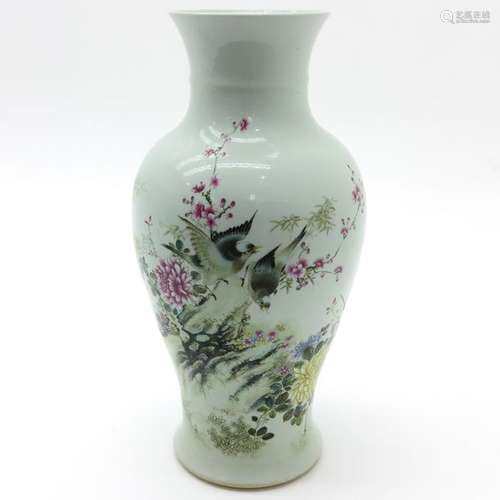 A Famille Rose Vase Depicting birds among flowers,...