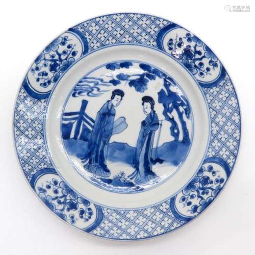 A Blue and White Plate Depicting ladies in garden,...
