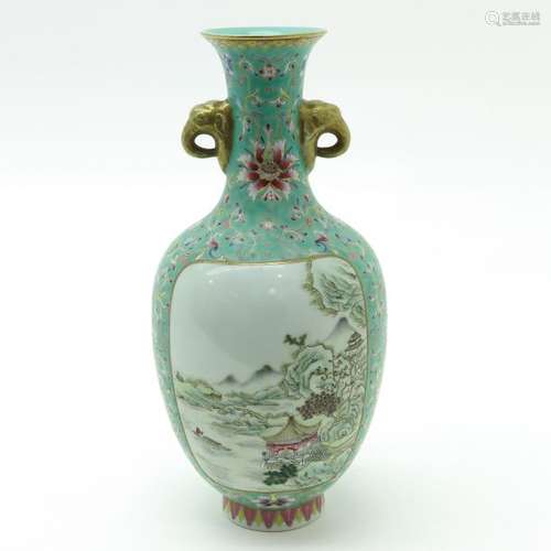 A Polychrome Decor Vase Light green ground with Fa...