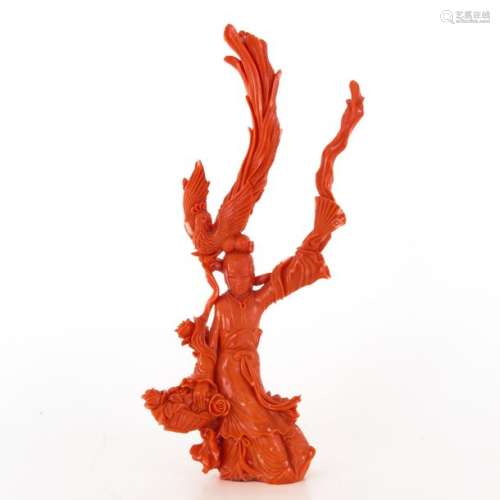 A Carved Red Coral Sculpture Depicting Chinese wom...