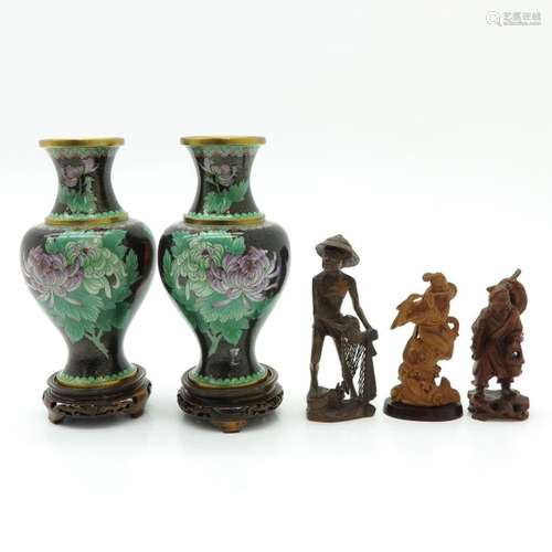 A Lot of Cloisonne and Carved Sculptures Vases are...